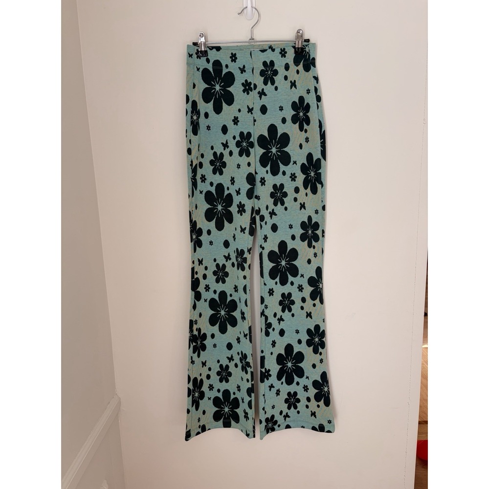 Urban Outfitters Bryn Floral Flare Pants S Green Retro Y2K Stretch Knit Boho